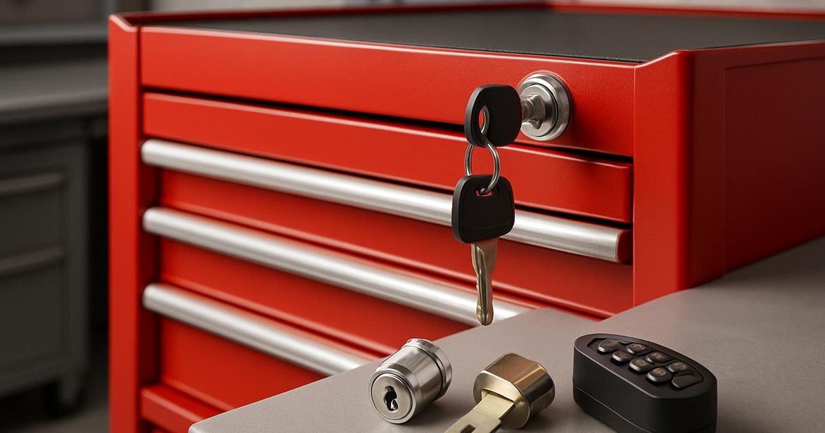 Red rolling tool cabinet with a keyed cam lock on the top drawer, with spare cam lock cylinders and a keypad lock on the bench