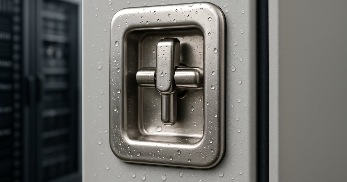 Stainless steel compression latch installed in an industrial electrical enclosure door with black EPDM gasket seal visible