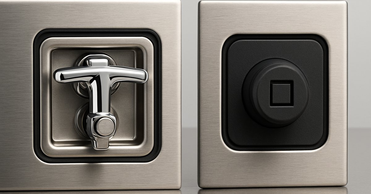 Compression latch with fold-out T-handle next to a quarter-turn cam latch installed in sheet metal enclosure panels with EPDM gasket