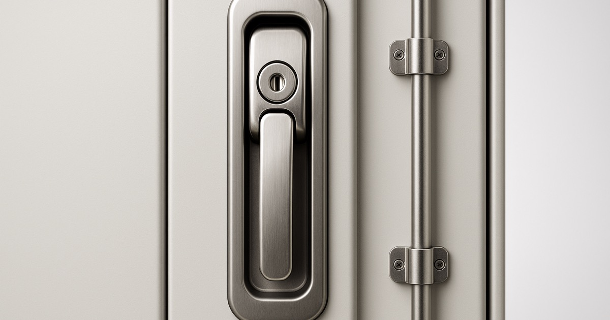 Stainless steel swing handle lock mounted in an enclosure door with vertical latching rod and rod guides