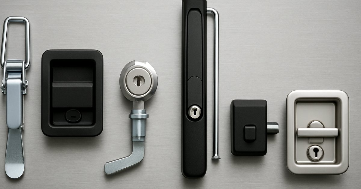 Types of latches: toggle draw latch, paddle latch, compression latch, swing handle with rod, slam latch and recessed plane lock
