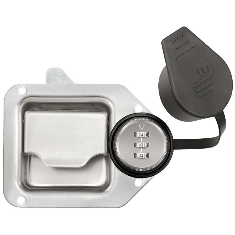 Paddle latch with combination lock for truck toolboxes showing cutout dimensions